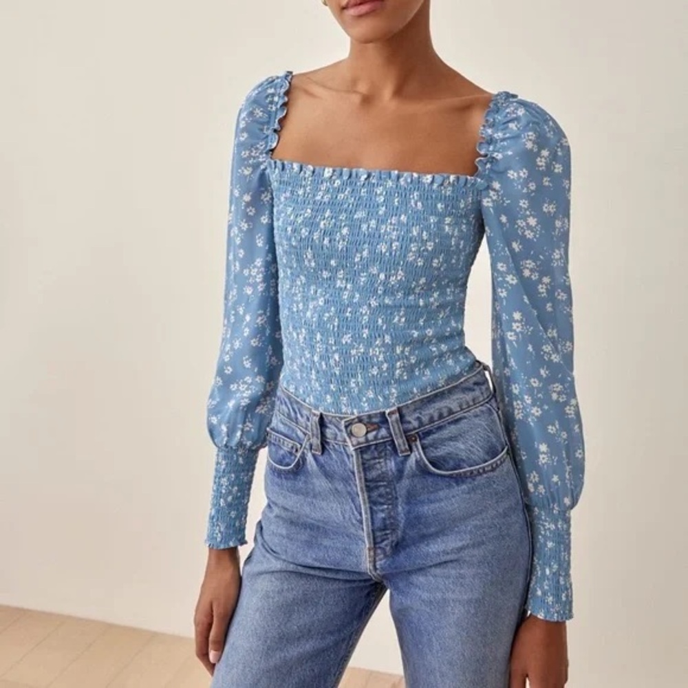 Reformation Pinto Floral Print Smocked Puff Sleeves Top NWT